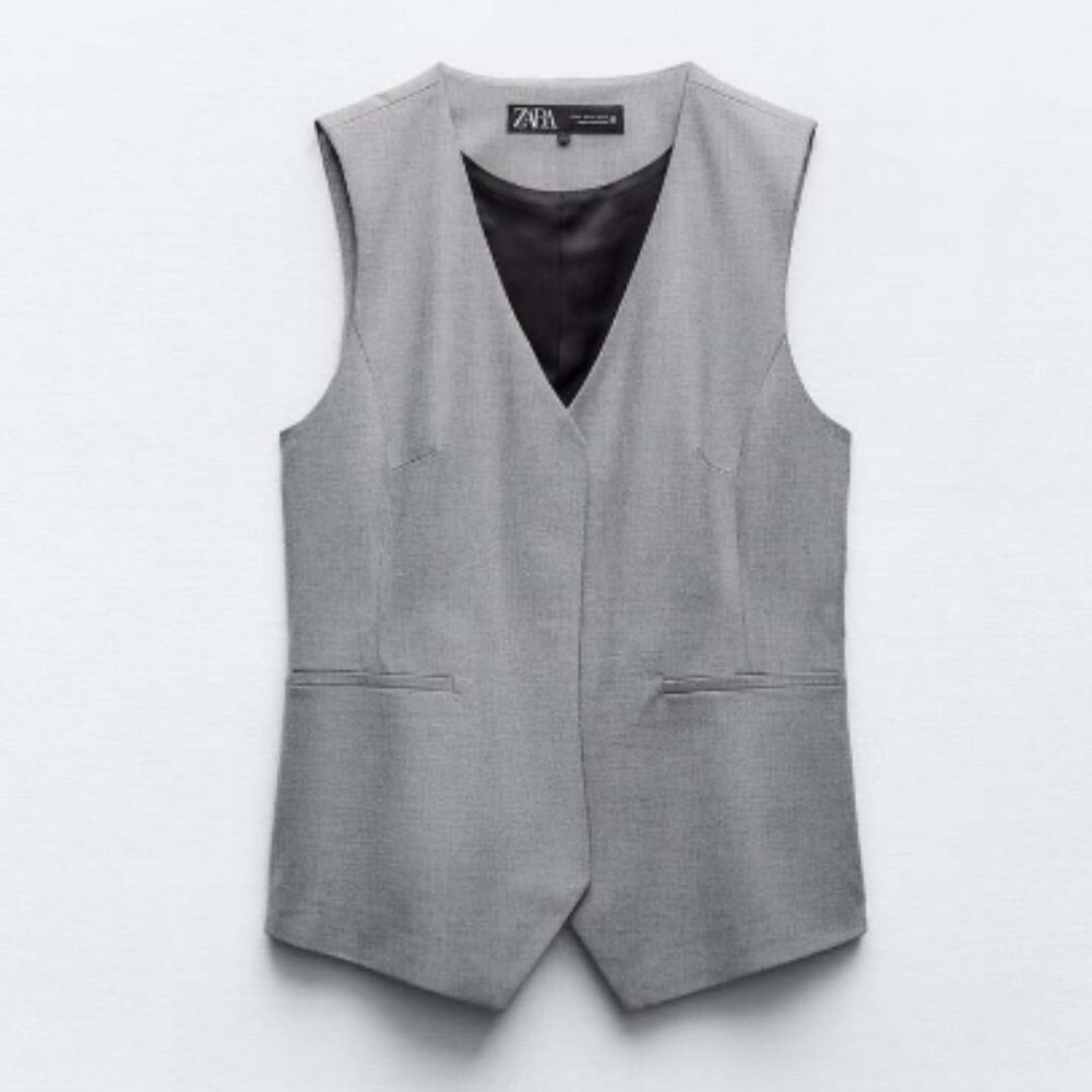 NWT Zara Asymmetrical Back Vest Grey V Neckline Size Large